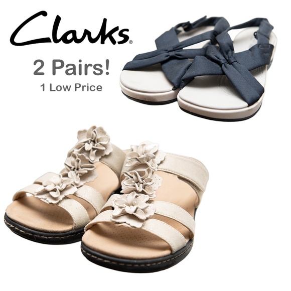 Clarks Sandals 2 pairs - Gold Metallic Ultimate Comfort & Navy Cloud Steppers - Picture 1 of 8